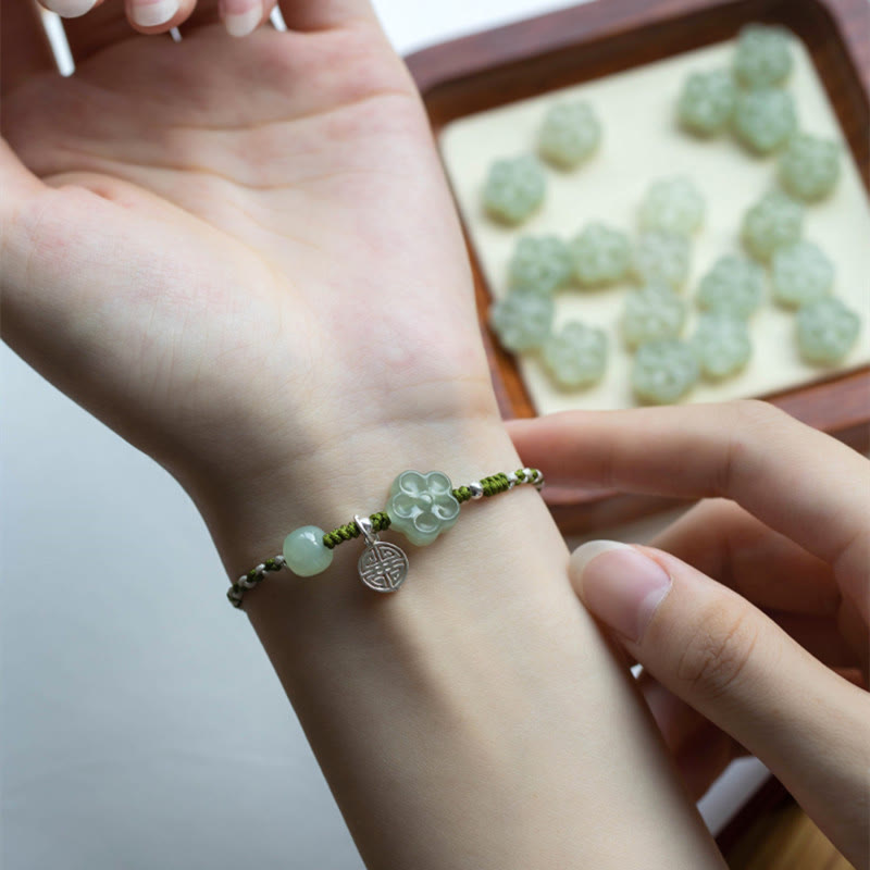 Fortune Jewel Handmade Plum Blossom Flower Jade Luck Prosperity Braided Bracelet