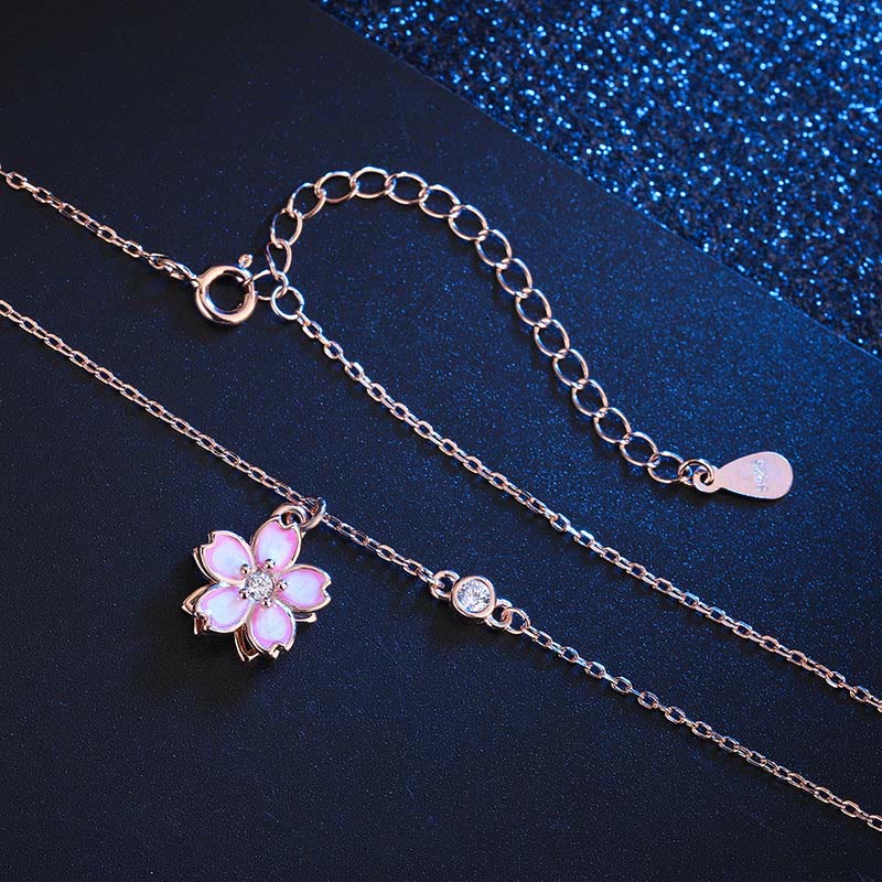 Fortune Jewel 925 Sterling Silver Cherry Blossom Flower Rotatable Protection Necklace Pendant