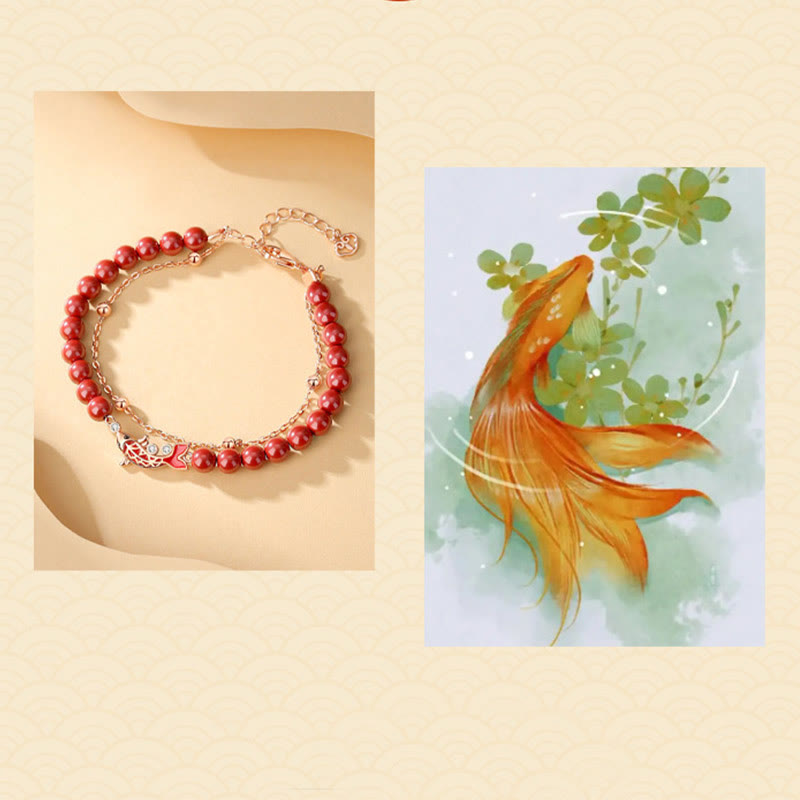 Fortune Jewel 925 Sterling Silver Lucky Koi Fish Cinnabar Zircon Prosperity Double Layer Chain Bracelet