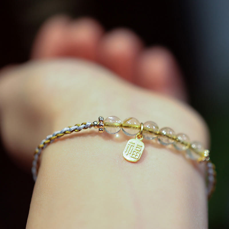 Fortune Jewel 925 Sterling Silver Natural Jade Gourd Rutilated Quartz Fu Character Luck Braid Bracelet