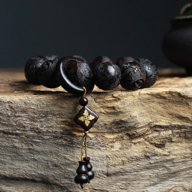 Fortune Jewel Ebony Wood Chinese Character Yin Yang Engraved Gourd Balance Bracelet Fortune Jewel