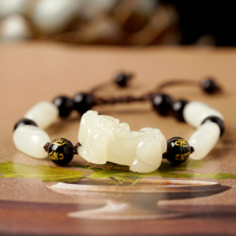 Fortune Jewel Natural Hetian White Jade PiXiu Wealth String Bracelet