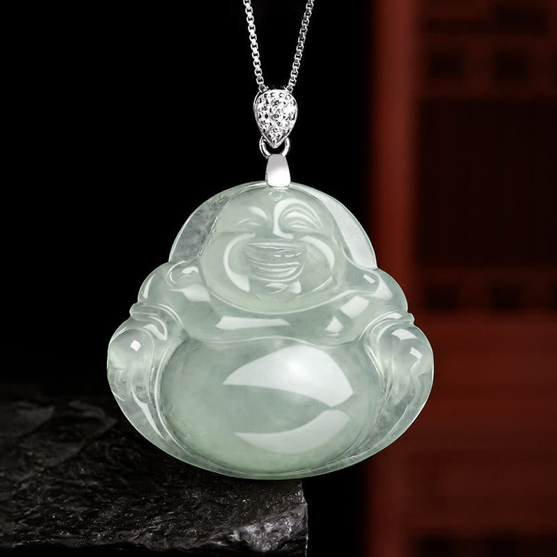 Fortune Jewel Natural Jade Laughing Buddha Prosperity Abundance Titanium Steel Chain Necklace Pendant Fortune Jewel