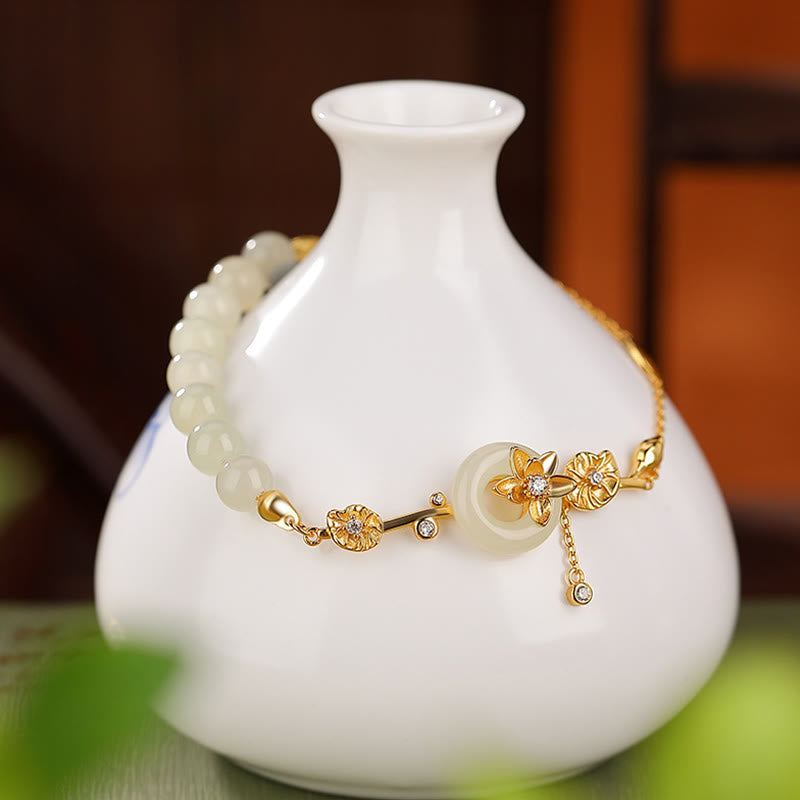 Fortune Jewel 925 Sterling Silver Hetian Jade Peace Buckle Lotus Luck Chain Bracelet