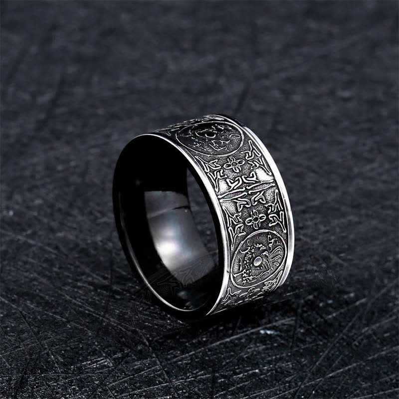 Fortune Jewel Four Guardian Beast Dragon White Tiger Suzaku Basalt Carved Success Luck Ring Fortune Jewel
