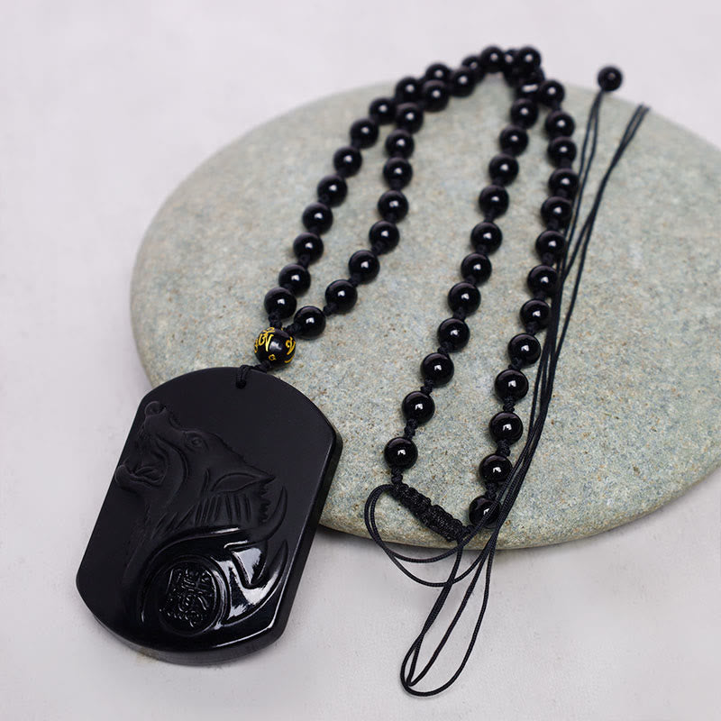 Fortune Jewel Black Obsidian Stone Wolf Purification Pendant Necklace