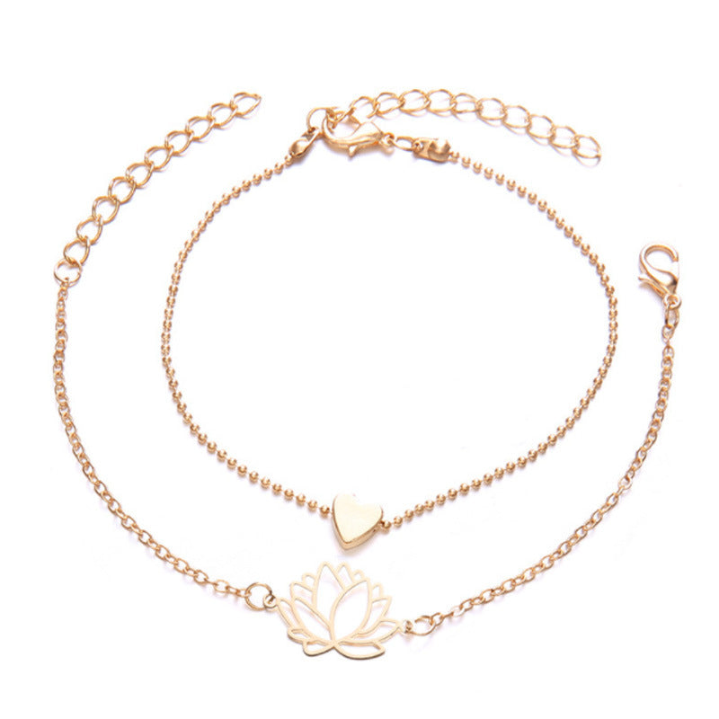 Fortune Jewel 2Pcs Lotus Flower Love Heart Enlightenment Bracelet