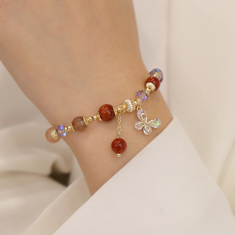 Fortune Jewel Natural Fu Lu Shou Rainbow Crystal Rutilated Quartz Wealth Butterfly Charm Bracelet