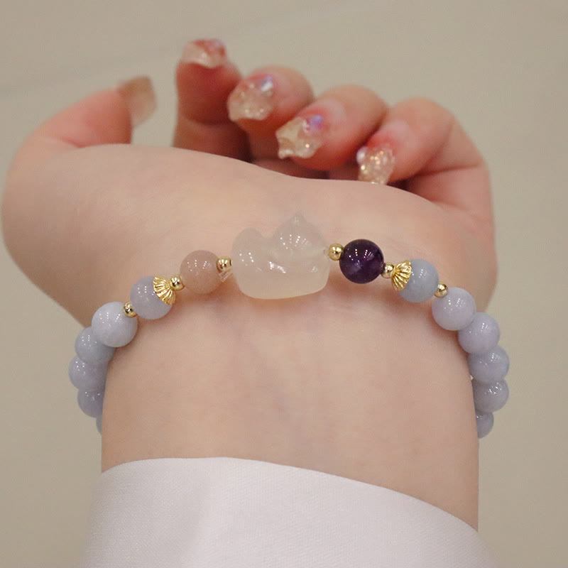 Fortune Jewel Natural Aquamarine Chalcedony Serenity Rabbit Gourd Cat Charm Bracelet