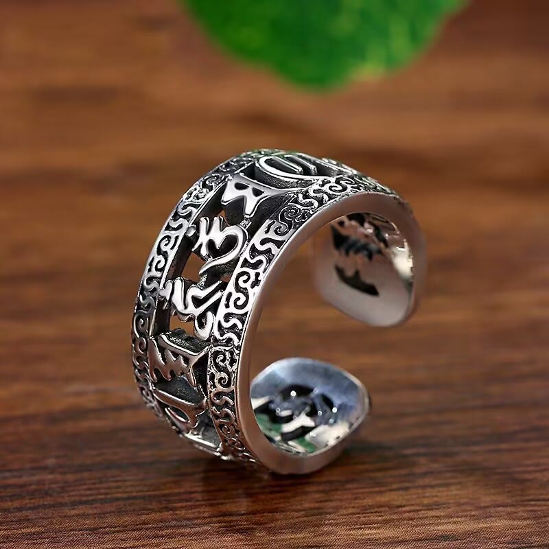Fortune Jewel Vintage Tibet Om Mani Padme Hum Carved Hollow Design Purity Ring