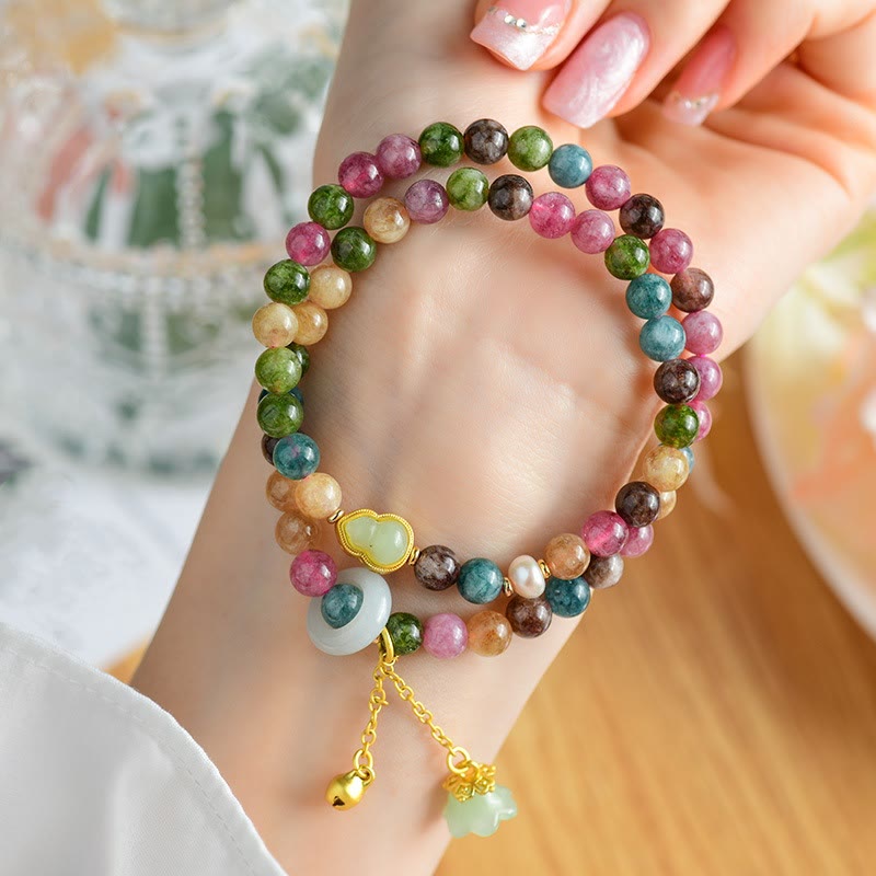 Fortune Jewel Multicolored Tourmaline Gourd Wisdom Double Wrap Lily Of The Valley Charm Bracelet