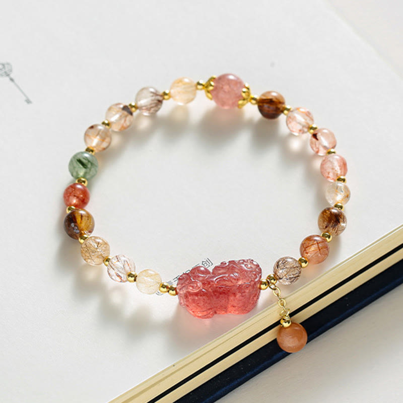 Fortune Jewel Natural Rutilated Quartz Strawberry Quartz PiXiu Wealth Bracelet