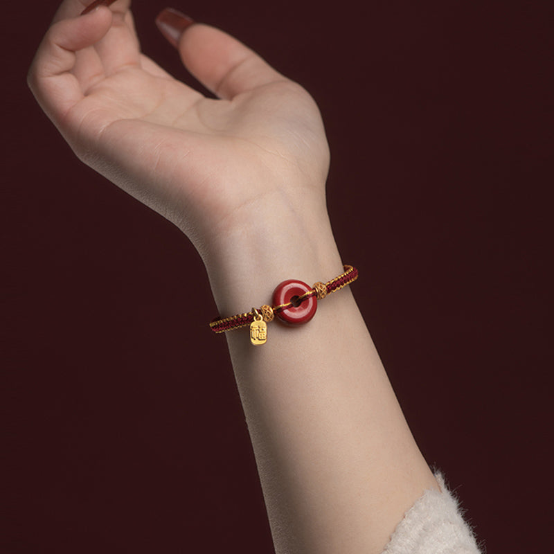 Fortune Jewel Natural Cinnabar Peace Buckle Fu Character Charm Blessing Braided Bracelet
