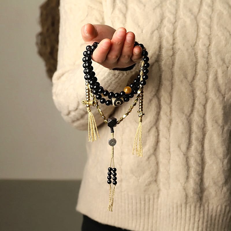 Fortune Jewel Tibetan 108 Mala Beads Black Onyx Three-eyed Dzi Beads Protection Bracelet