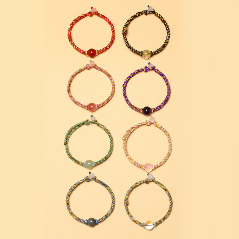 Fortune Jewel Handmade Red Agate Amethyst Golden Rutilated Quartz Pink Crystal Bead Calm Braided Bracelet