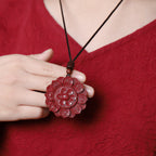 Fortune Jewel Natural Cinnabar Lotus Om Mani Padme Hum Blessing Necklace String Pendant