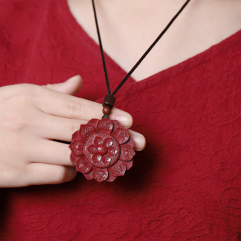 Fortune Jewel Natural Cinnabar Lotus Om Mani Padme Hum Blessing Necklace String Pendant