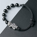 Fortune Jewel 999 Sterling Silver FengShui PiXiu Natural Black Obsidian 925 Sterling Silver Bead Strength Bracelet