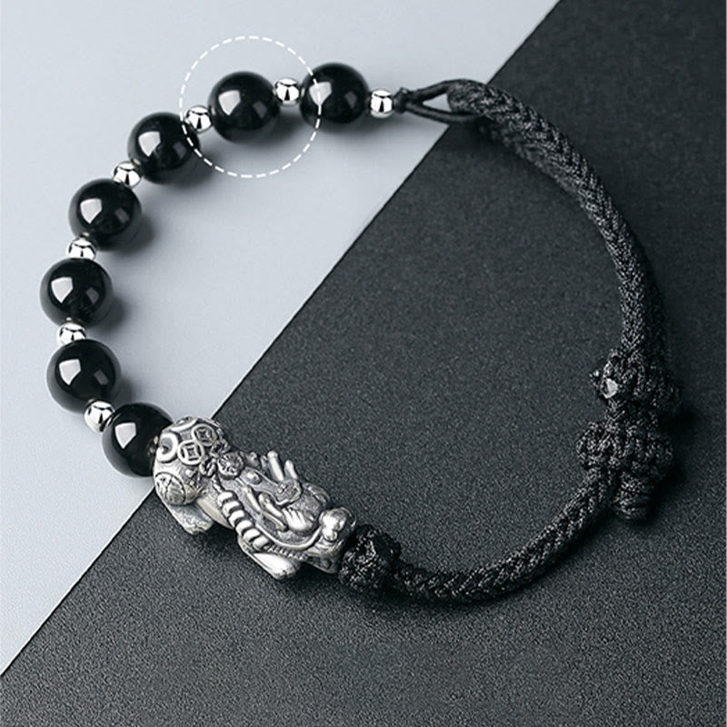 Fortune Jewel 999 Sterling Silver FengShui PiXiu Natural Black Obsidian 925 Sterling Silver Bead Strength Bracelet