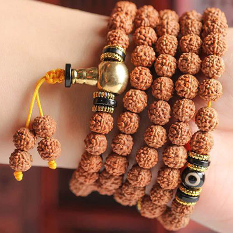 Fortune Jewel 108 Mala Beads Rudraksha Bodhi Seed Dzi Bead Luck Wealth Bracelet