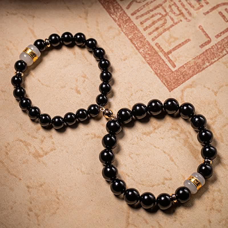 Fortune Jewel Black Obsidian Jade Om Mani Padme Hum Strength Couple Magnetic Bracelet
