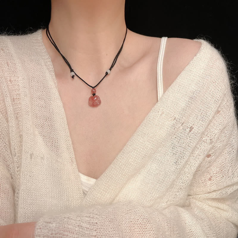 Fortune Jewel Strawberry Quartz Lovely Cat Paw Claw Healing Necklace Pendant