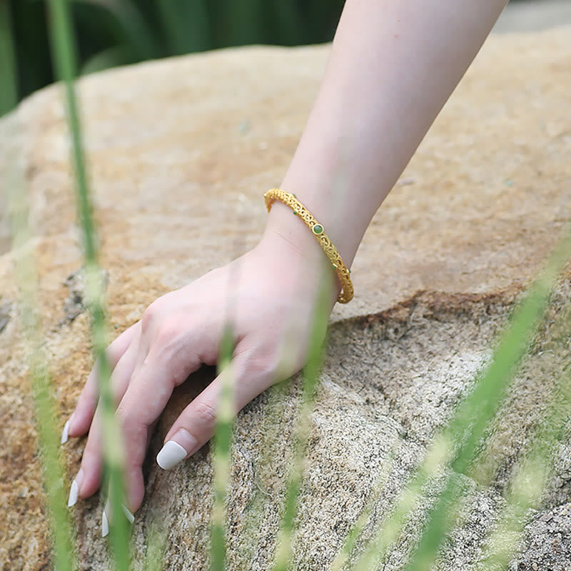 Fortune Jewel Cyan Jade Copper Auspicious Clouds Calm Healing Bracelet Bangle
