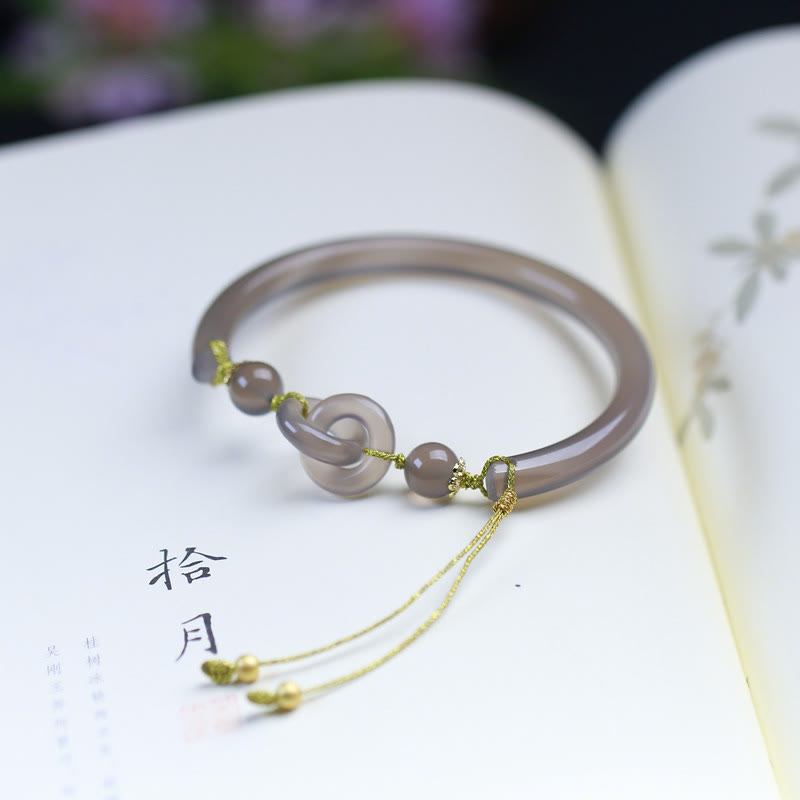 Fortune Jewel Natural Gray Agate Double Peace Buckle Balance Bracelet Bangle