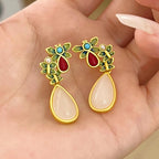 Fortune Jewel Water Drop White Jade Red Agate Butterfly Protection Drop Dangle Earrings
