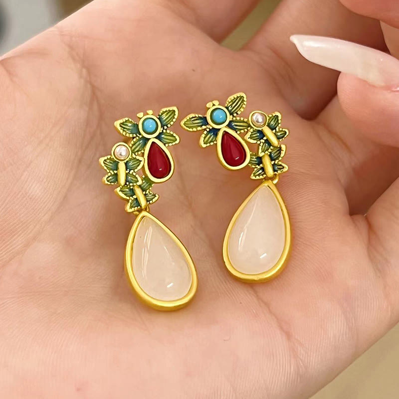 Fortune Jewel Water Drop White Jade Red Agate Butterfly Protection Drop Dangle Earrings