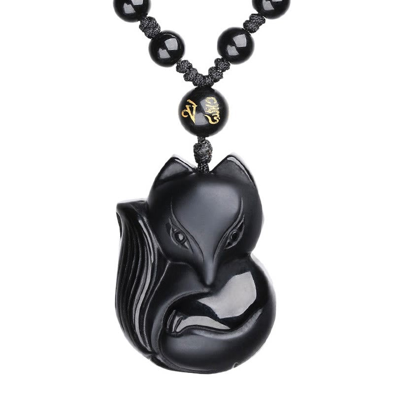 Fortune Jewel Natural Black Obsidian Tiger Eye Ice Obsidian Fox Pendant Amulet Necklace