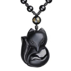 Fortune Jewel Natural Black Obsidian Tiger Eye Ice Obsidian Fox Pendant Amulet Necklace