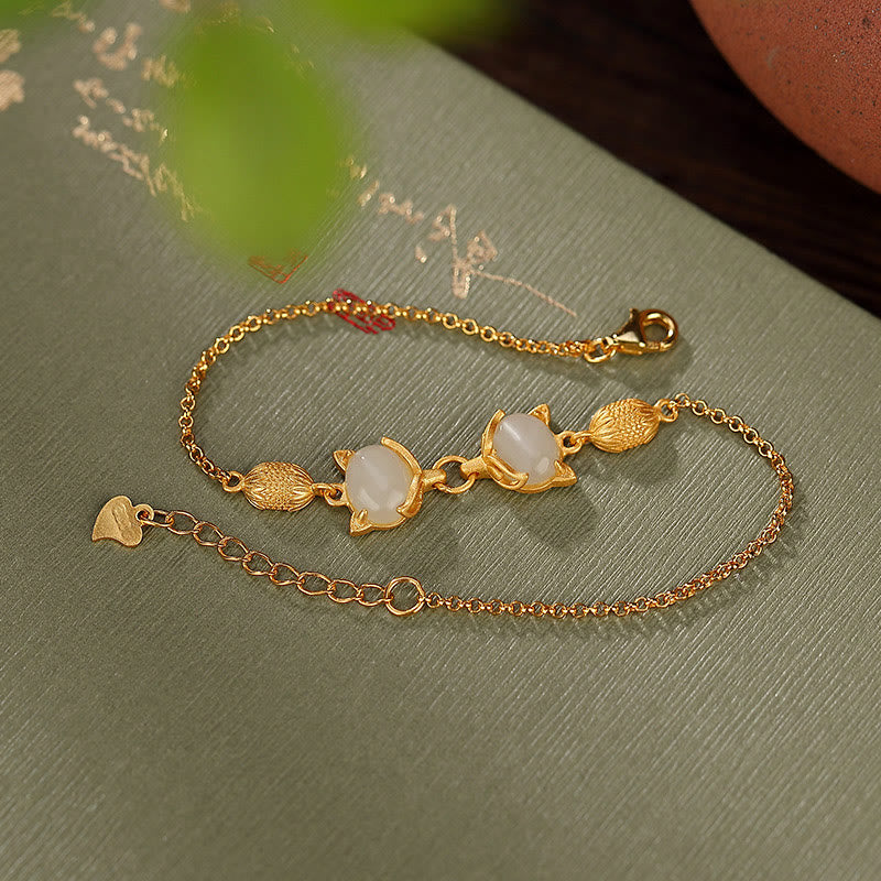 Fortune Jewel 925 Sterling Silver Natural Hetian White Jade Cyan Jade Lovely Fox Luck Bracelet