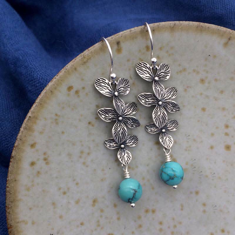 Fortune Jewel 925 Sterling Silver Turquoise Lazurite Flower Leaf Serenity Protection Hook Drop Dangle Earrings