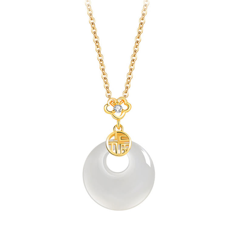 Fortune Jewel 925 Sterling Silver White Agate Fu Character Happiness Luck Necklace Pendant