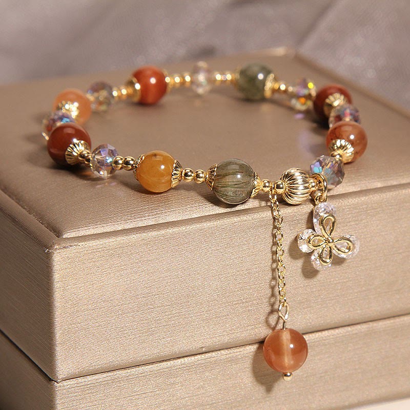 Fortune Jewel Natural Fu Lu Shou Rainbow Crystal Rutilated Quartz Wealth Butterfly Charm Bracelet