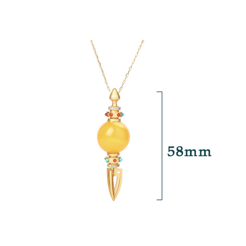 Fortune Jewel 24K Gold Plated Amber Dorje Vajra Clear Anxiety Necklace Pendant