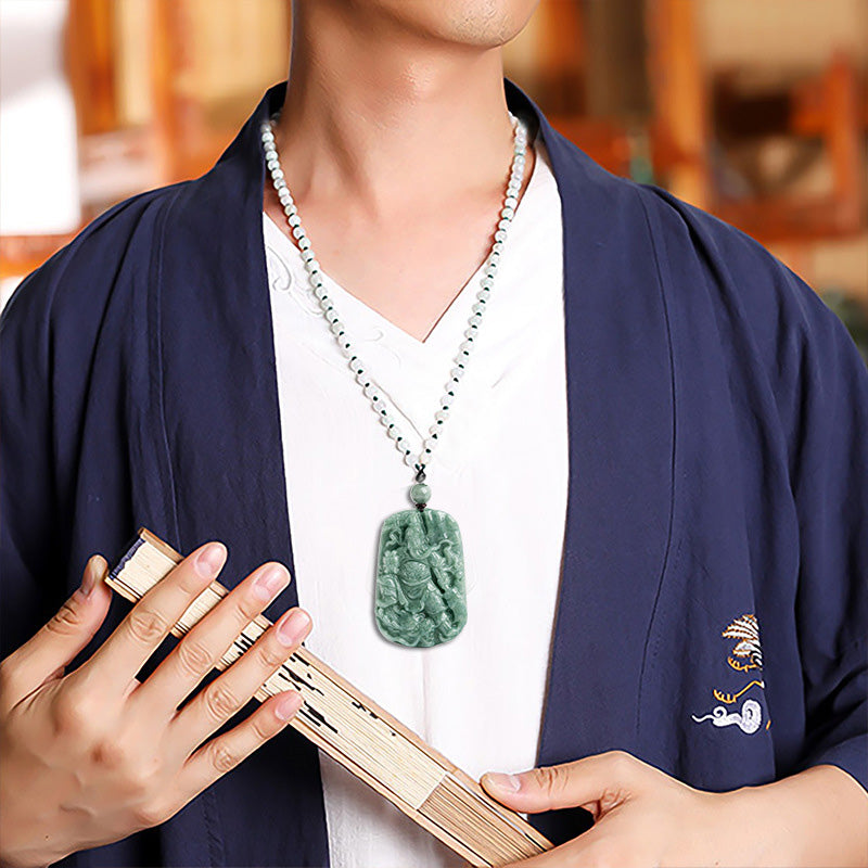 Fortune Jewel Natural Jade Guan Gong Amulet Wealth Necklace Pendant
