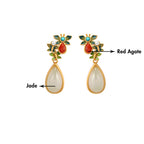 Fortune Jewel Water Drop White Jade Red Agate Butterfly Protection Drop Dangle Earrings
