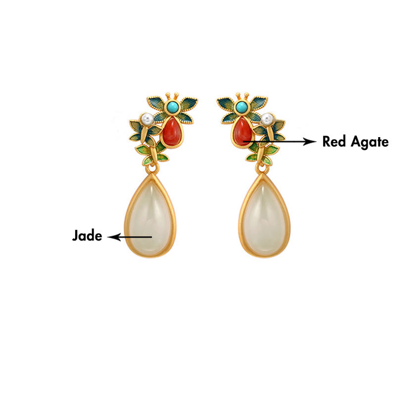 Fortune Jewel Water Drop White Jade Red Agate Butterfly Protection Drop Dangle Earrings