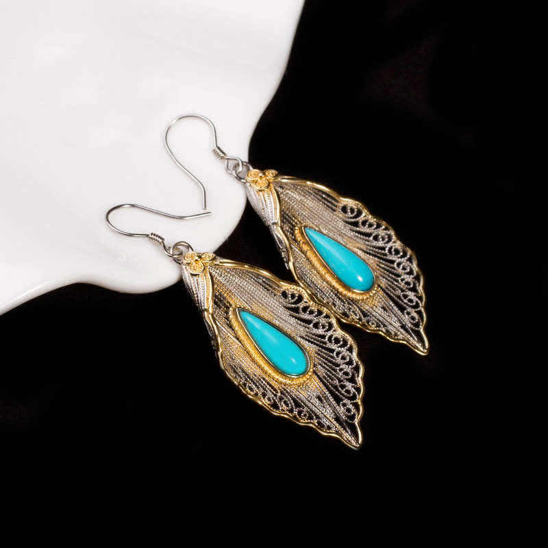 Fortune Jewel 925 Sterling Silver Turquoise Bodhi Leaf Pattern Protection Drop Dangle Earrings