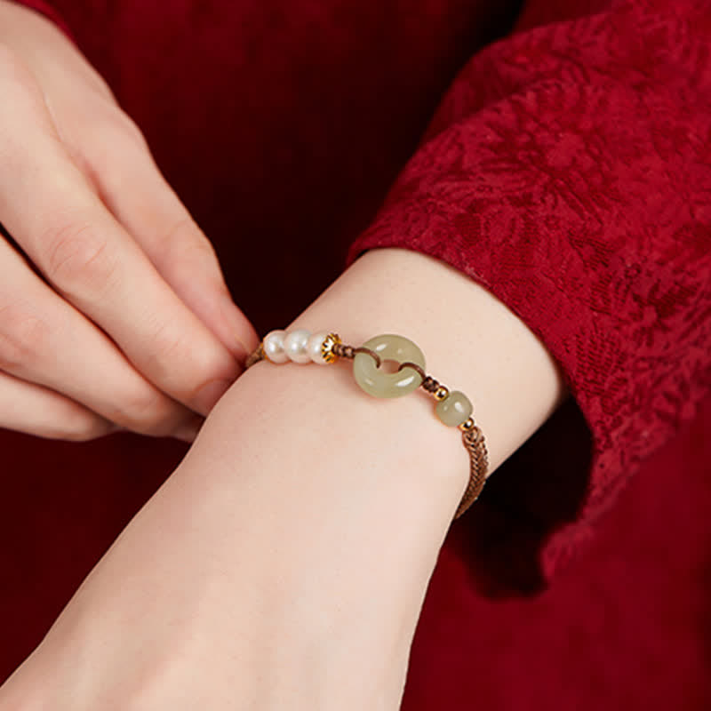 Fortune Jewel Natural Hetian Jade Pearl Peace Buckle Luck Bracelet