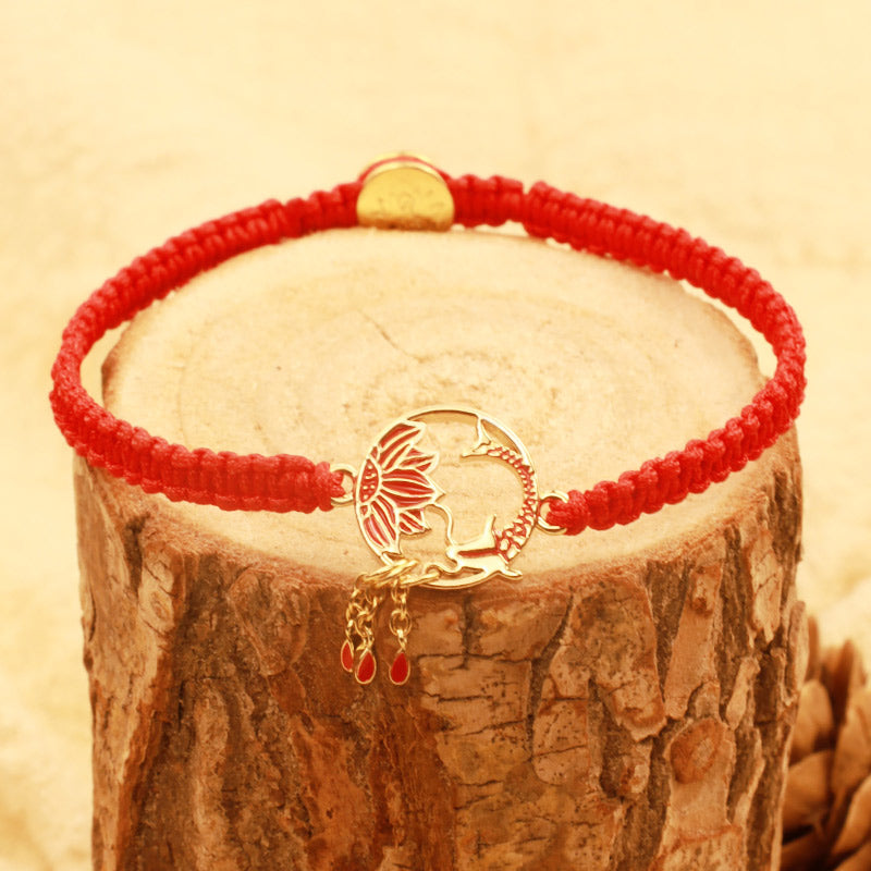 Fortune Jewel Tibetan Handmade Lotus Koi Fish Lucky Red String Bracelet