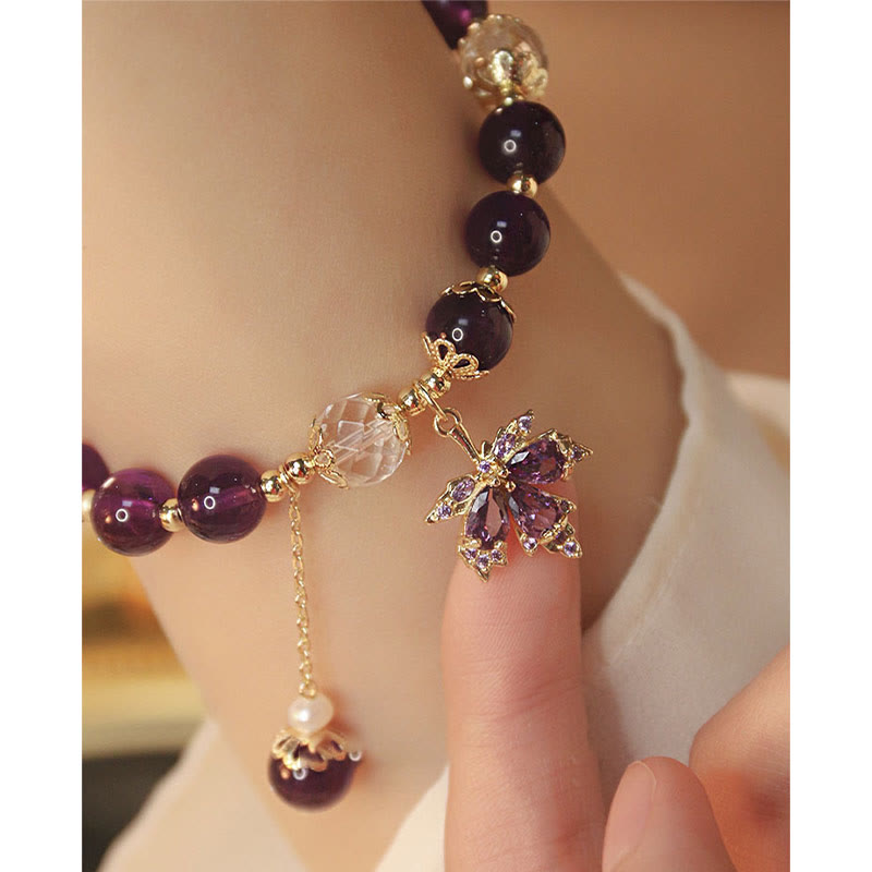 Fortune Jewel 14k Gold Plated Natural Amethyst Healing Maple Leaf Charm Bracelet