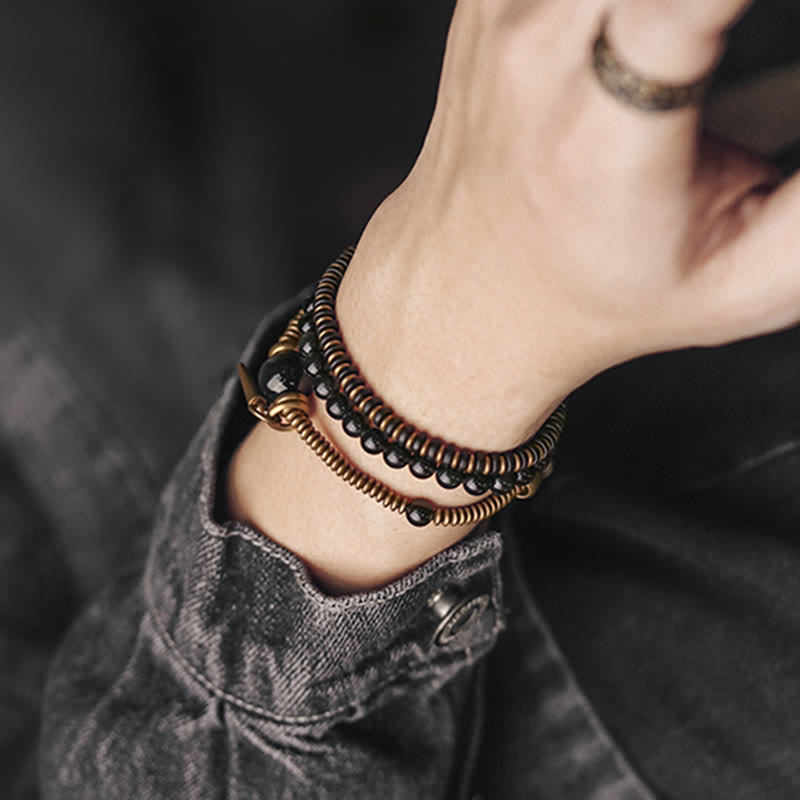 Fortune Jewel Rainbow Obsidian Ebony Wood Copper Healing Triple Wrap Bracelet