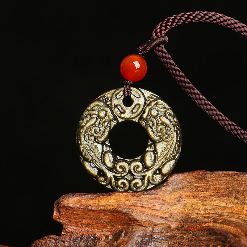 Fortune Jewel Gold Sheen Obsidian Peace Buckle Pixiu Copper Coin Wealth Necklace Pendant