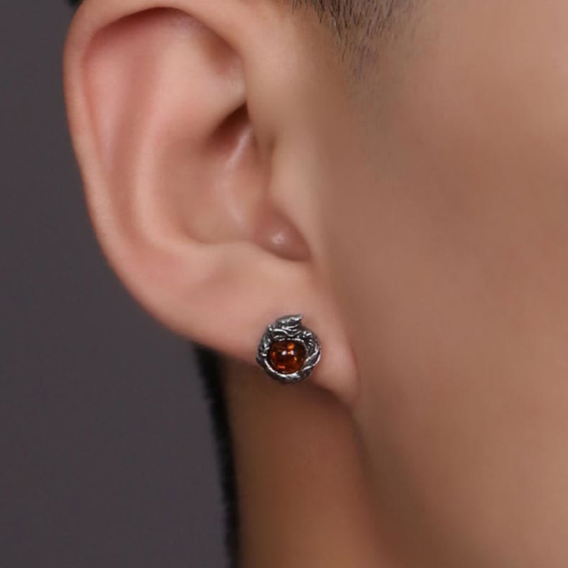 Fortune Jewel 925 Sterling Silver Natural Amber Dragon Success Protection Stud Earring
