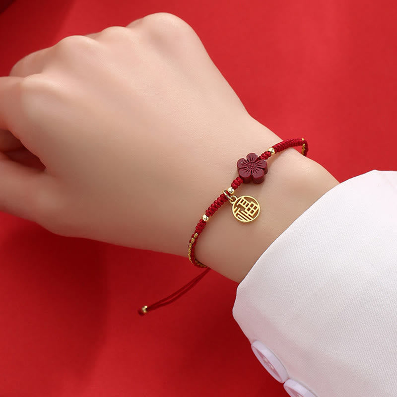 Fortune Jewel Cinnabar Flower Fu Character Blessing Braided String Bracelet
