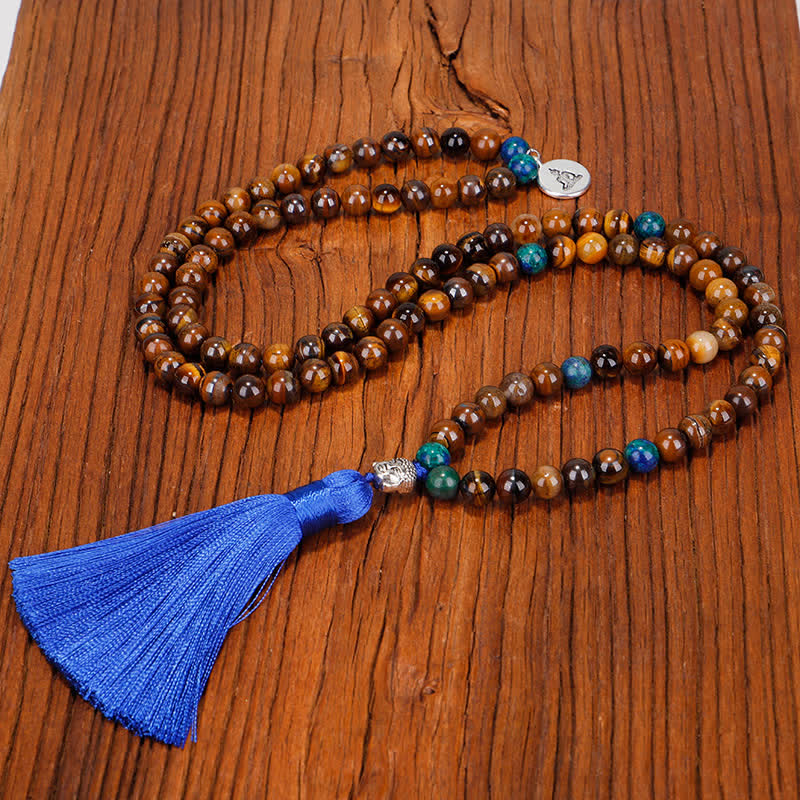 Fortune Jewel 108 Mala Beads Tiger Eye Buddha Strength Bracelet Tassel Necklace Pendant