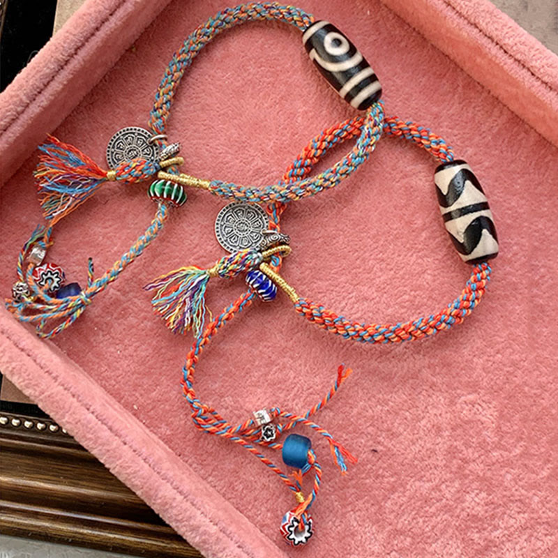 Fortune Jewel Tibetan 925 Sterling Silver Om Mani Padme Hum Handmade Dzi Bead Protection Braid Bracelet